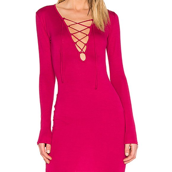DELACY Los Angeles Deep Red Lace-Up Long Sleeve Dress - Size Medium ♥️ - Picture 1 of 7